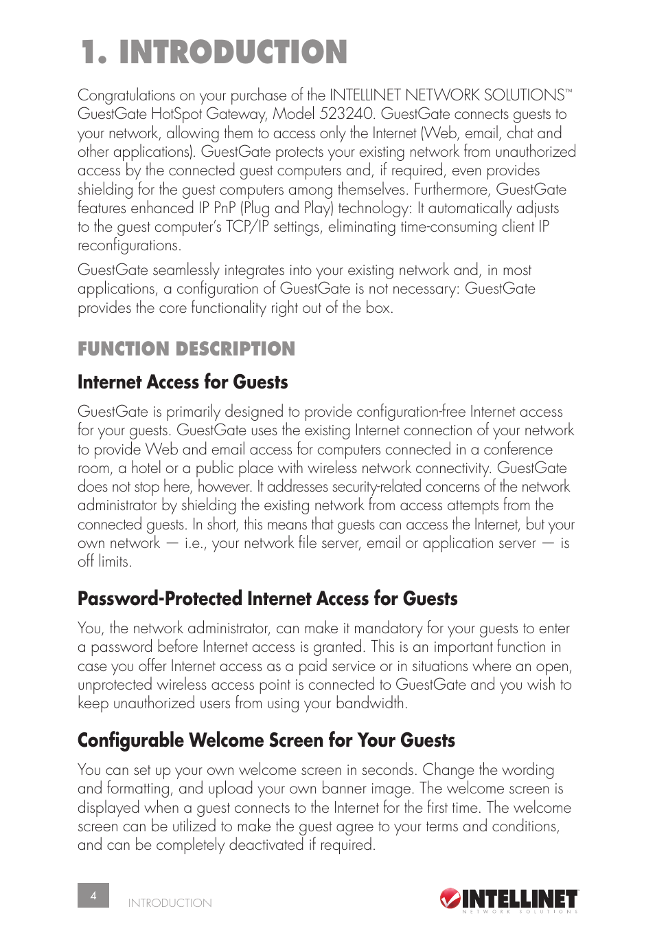 Introduction, Function description internet access for guests, Password-protected internet access for guests | Configurable welcome screen for your guests | Intellinet Network Solutions GUESTGATETM HOTSPOT GATEWAY 523240 User Manual | Page 4 / 88