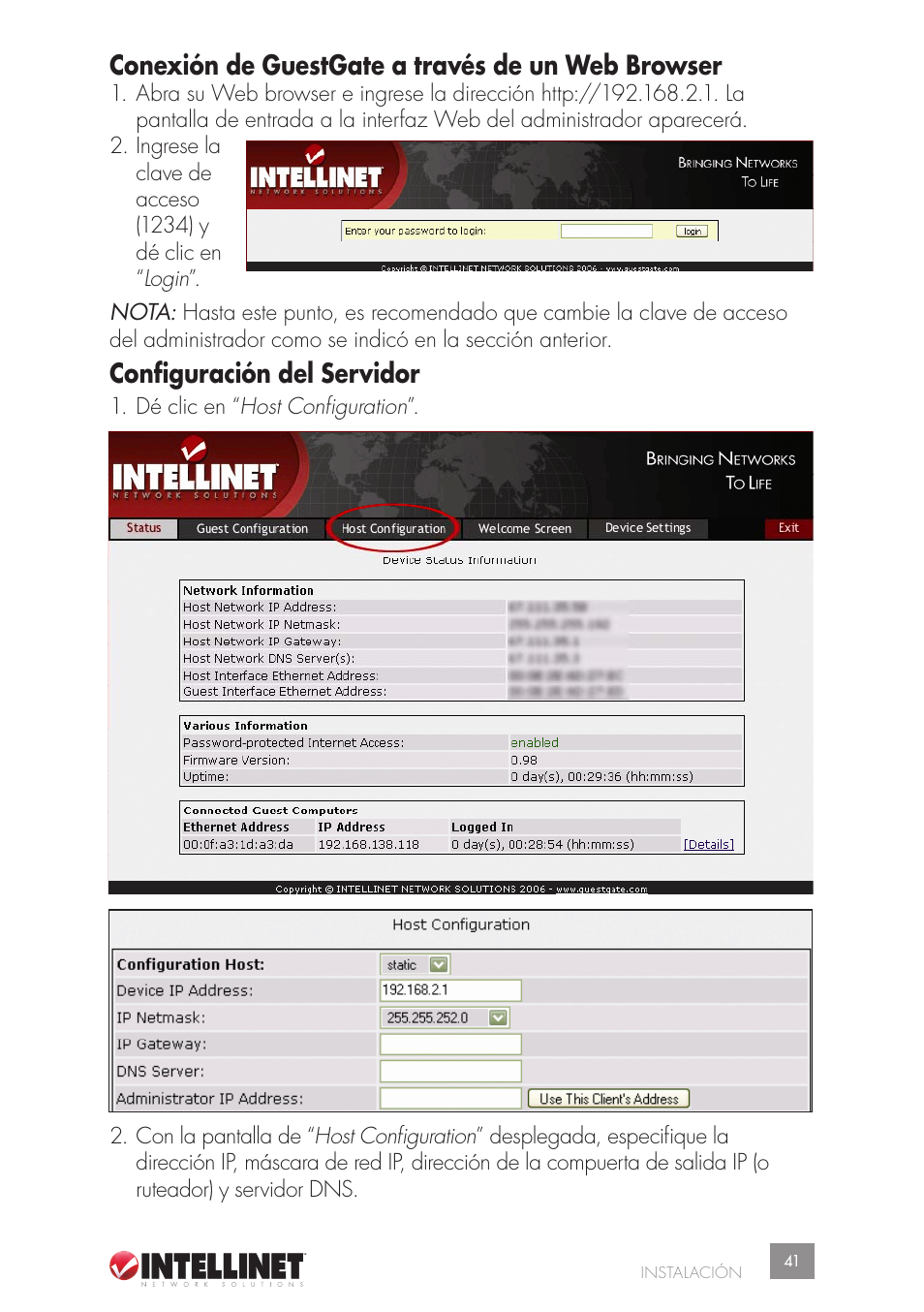 Conexión de guestgate a través de un web browser, Configuración del servidor | Intellinet Network Solutions GUESTGATETM HOTSPOT GATEWAY 523240 User Manual | Page 41 / 88