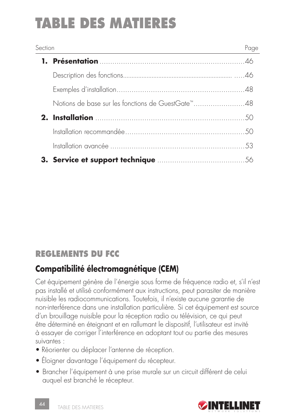 Table des matieres, Reglements du fcc, Compatibilité électromagnétique (cem) | Intellinet Network Solutions GUESTGATETM HOTSPOT GATEWAY 523240 User Manual | Page 44 / 88