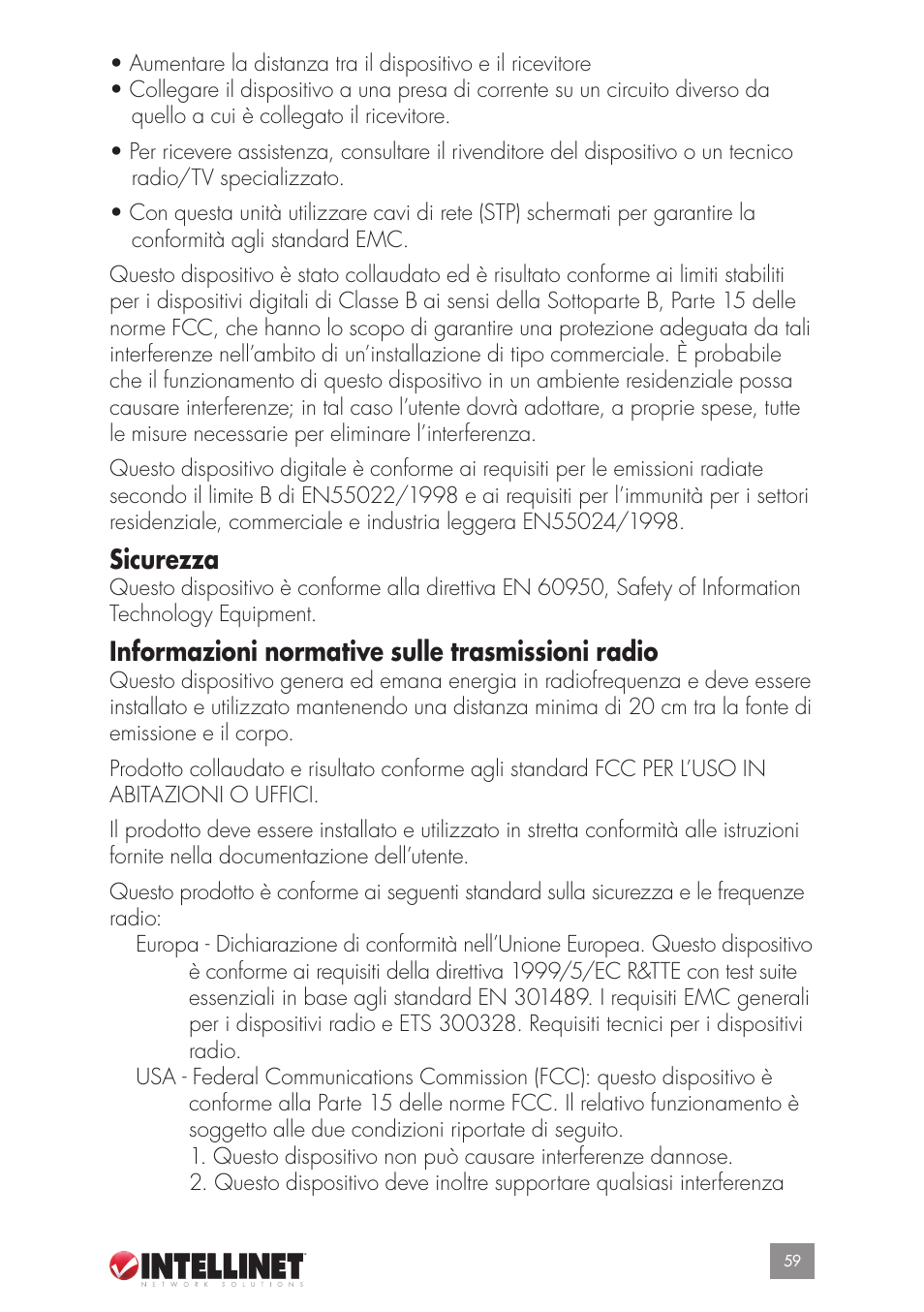 Sicurezza, Informazioni normative sulle trasmissioni radio | Intellinet Network Solutions GUESTGATETM HOTSPOT GATEWAY 523240 User Manual | Page 59 / 88