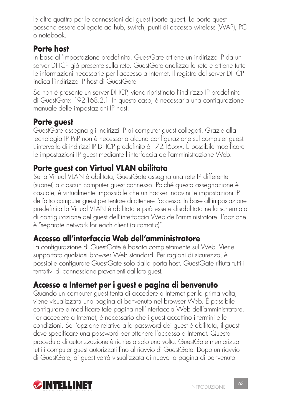 Porte host, Porte guest, Porte guest con virtual vlan abilitata | Accesso all’interfaccia web dell’amministratore | Intellinet Network Solutions GUESTGATETM HOTSPOT GATEWAY 523240 User Manual | Page 63 / 88