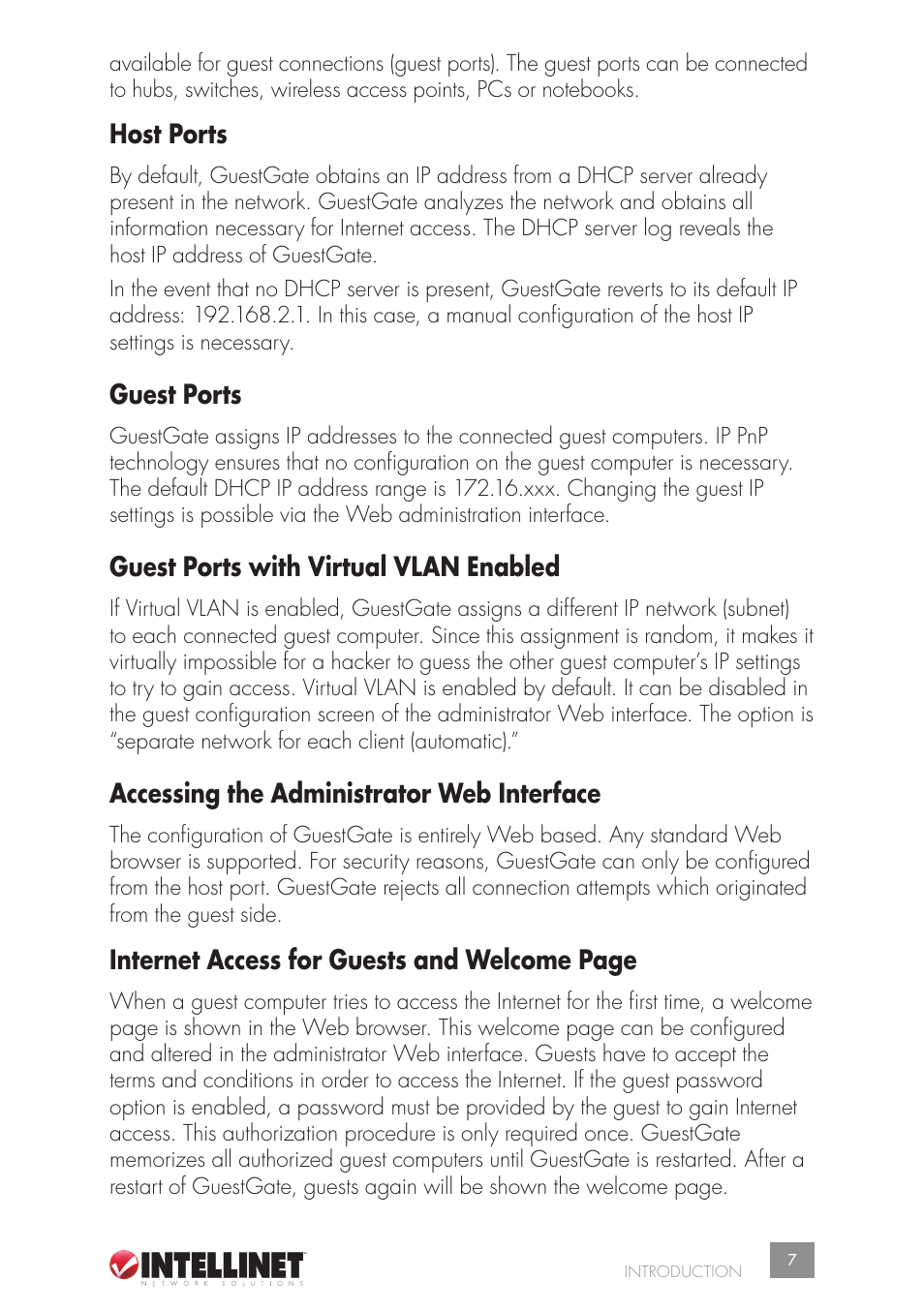 Host ports, Guest ports, Guest ports with virtual vlan enabled | Accessing the administrator web interface, Internet access for guests and welcome page | Intellinet Network Solutions GUESTGATETM HOTSPOT GATEWAY 523240 User Manual | Page 7 / 88