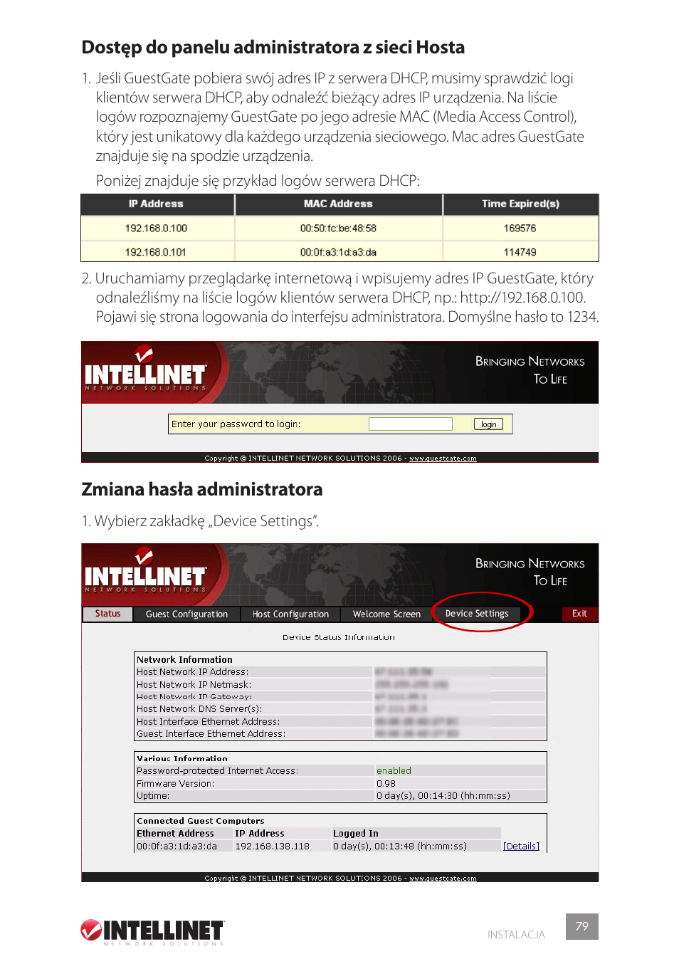 Dostęp do panelu administratora z sieci hosta, Zmiana hasła administratora | Intellinet Network Solutions GUESTGATETM HOTSPOT GATEWAY 523240 User Manual | Page 79 / 88