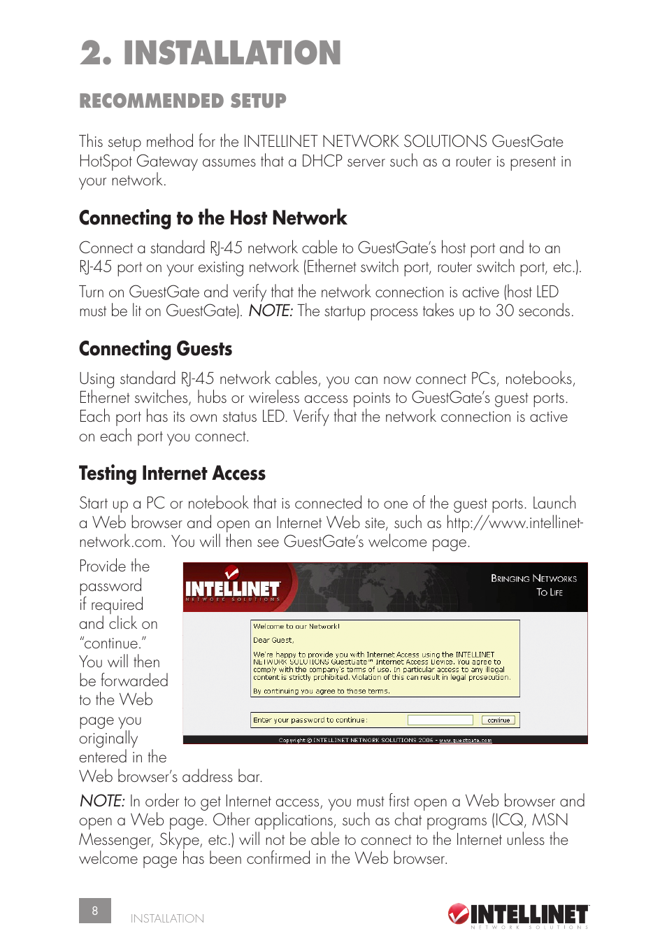 Installation, Recommended setup, Connecting to the host network | Connecting guests, Testing internet access | Intellinet Network Solutions GUESTGATETM HOTSPOT GATEWAY 523240 User Manual | Page 8 / 88