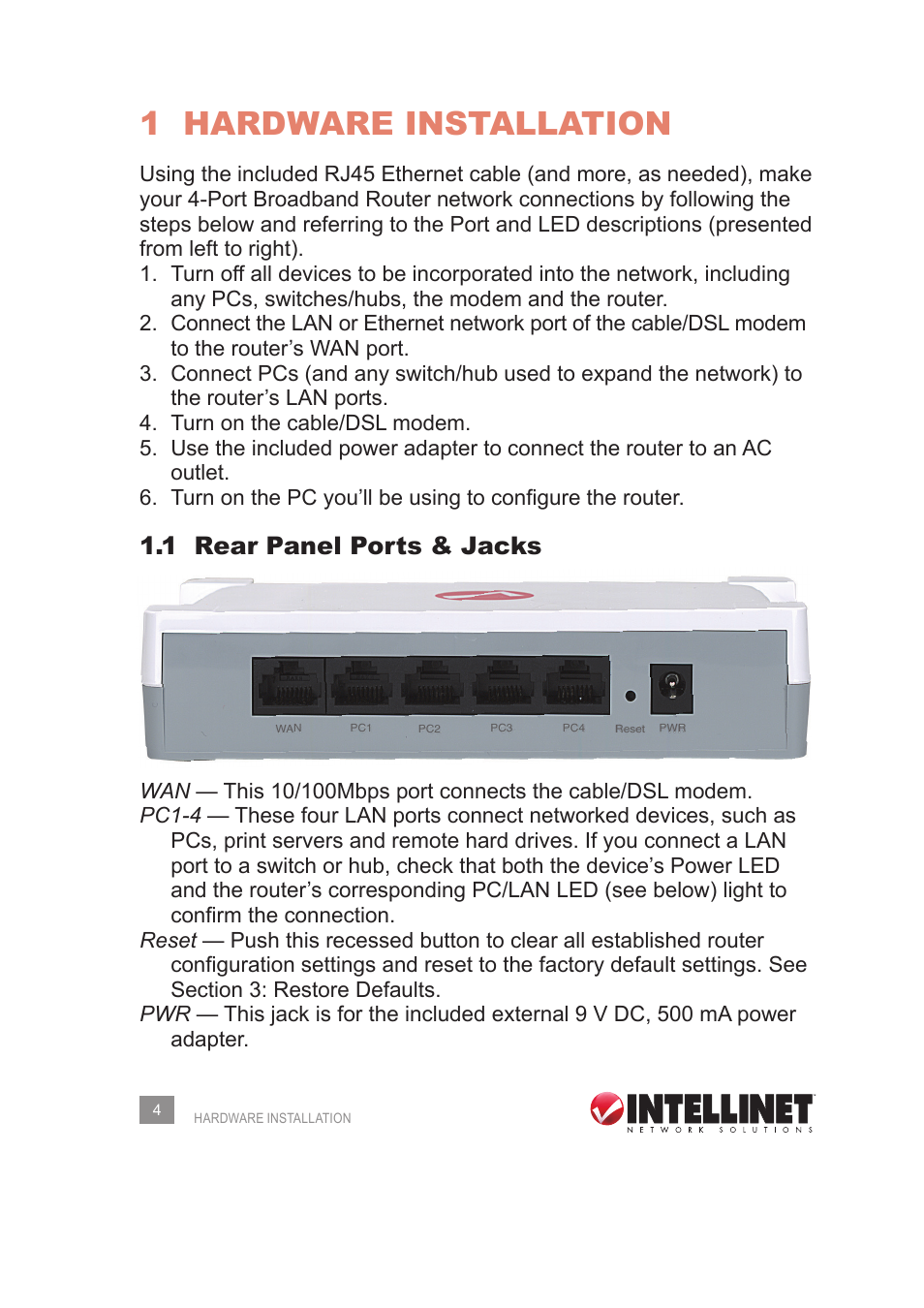 1 hardware installation, 1 rear panel ports & jacks | Intellinet Network Solutions 524957 User Manual | Page 4 / 56