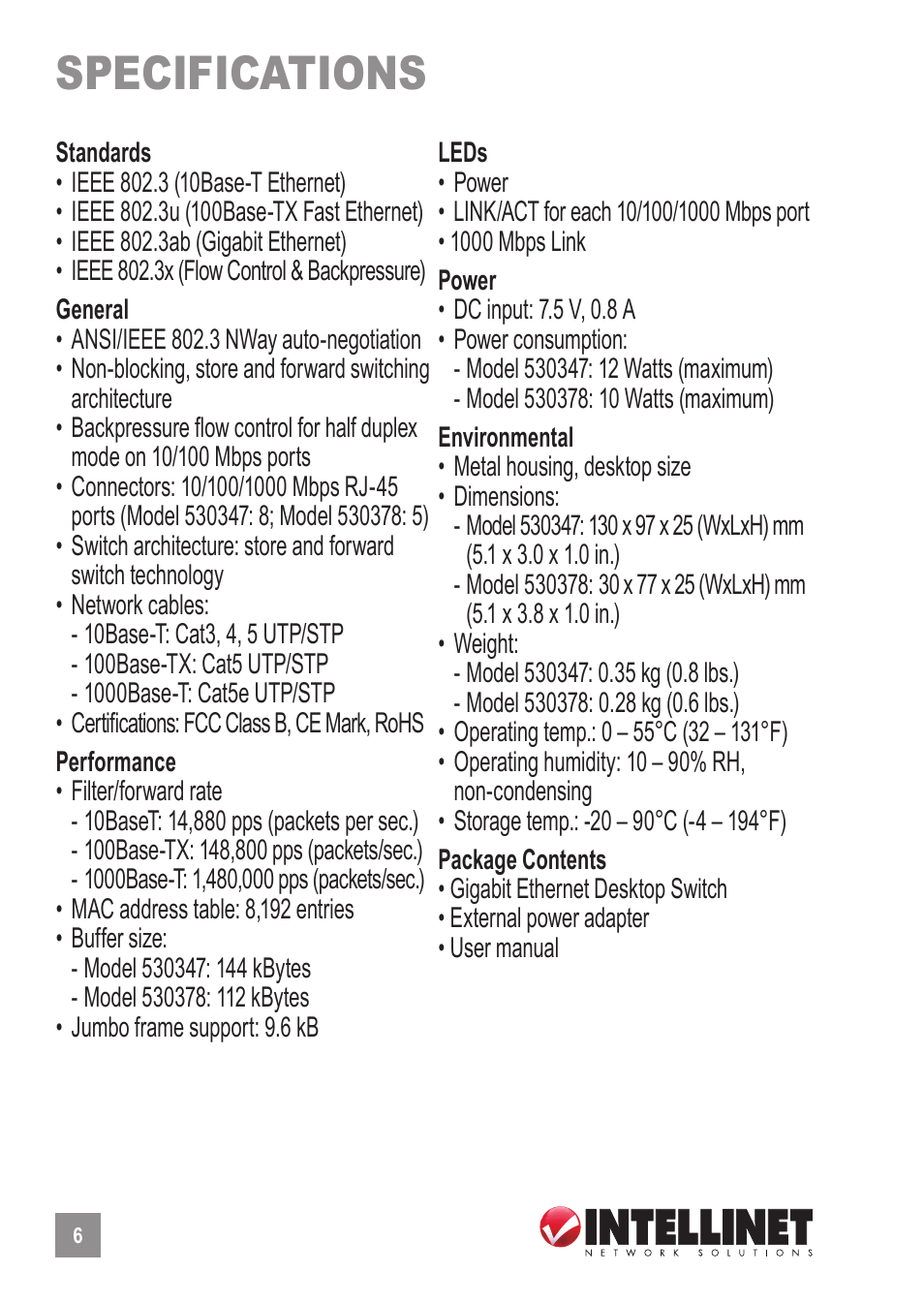 Specifications | Intellinet Network Solutions 530378 User Manual | Page 6 / 8