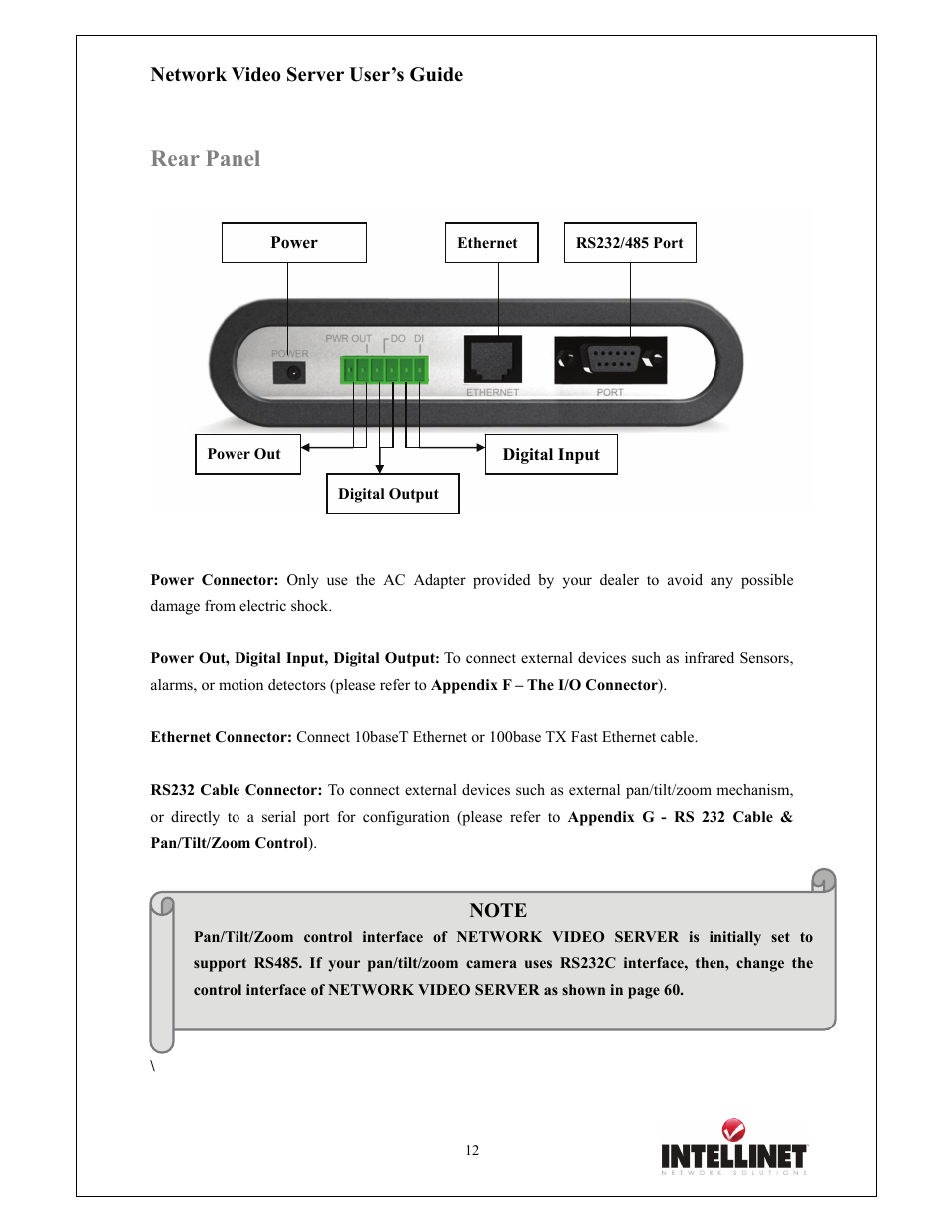 Rear panel, Network video server user’s guide | Intellinet Network Solutions 550000 User Manual | Page 12 / 78