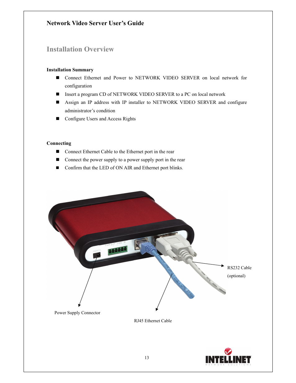 Installation overview, Network video server user’s guide | Intellinet Network Solutions 550000 User Manual | Page 13 / 78