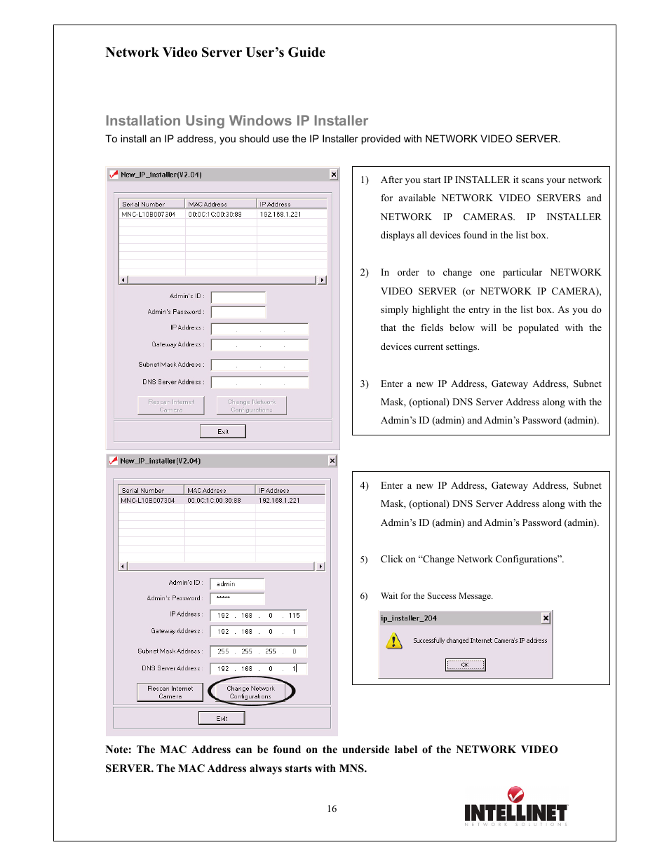 Network video server user’s guide, Installation using windows ip installer | Intellinet Network Solutions 550000 User Manual | Page 16 / 78