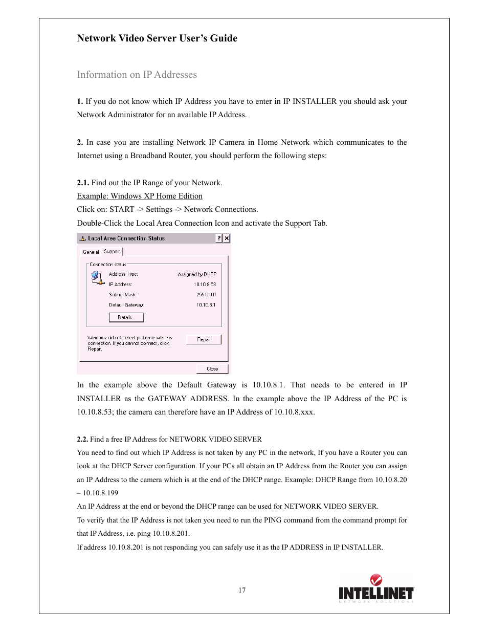 Network video server user’s guide, Information on ip addresses | Intellinet Network Solutions 550000 User Manual | Page 17 / 78