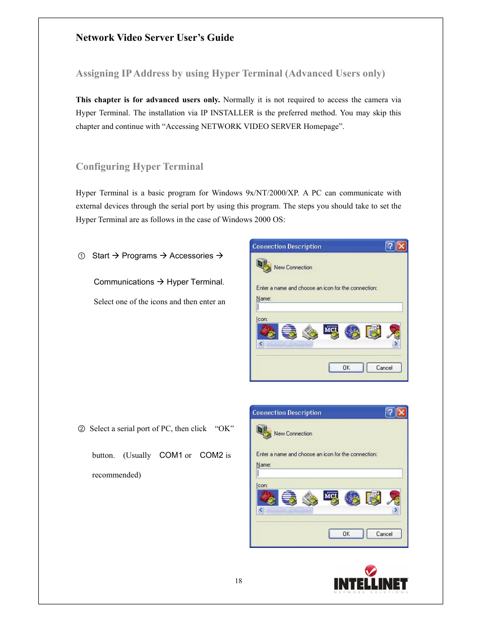 Network video server user’s guide, Configuring hyper terminal | Intellinet Network Solutions 550000 User Manual | Page 18 / 78