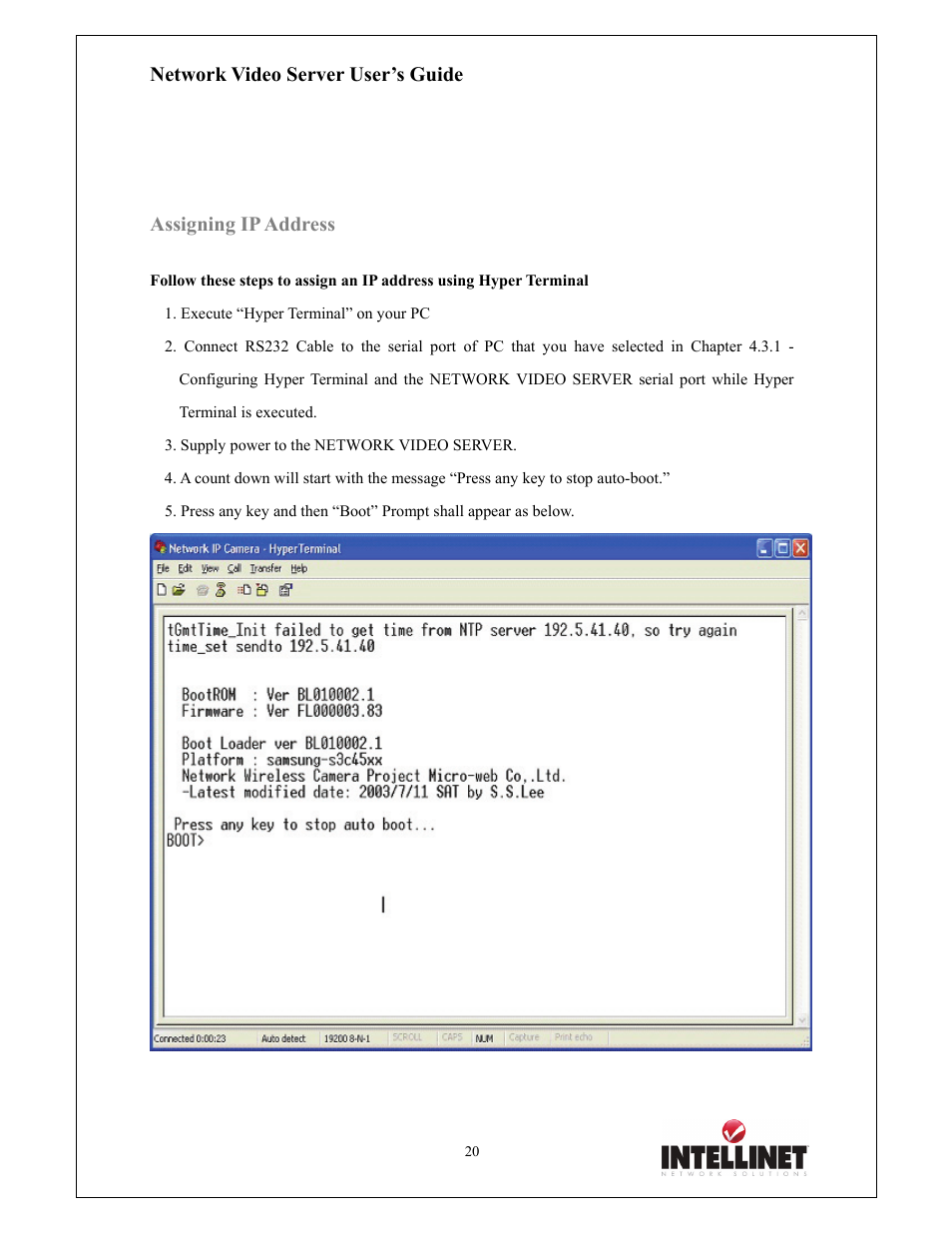 Network video server user’s guide, Assigning ip address | Intellinet Network Solutions 550000 User Manual | Page 20 / 78