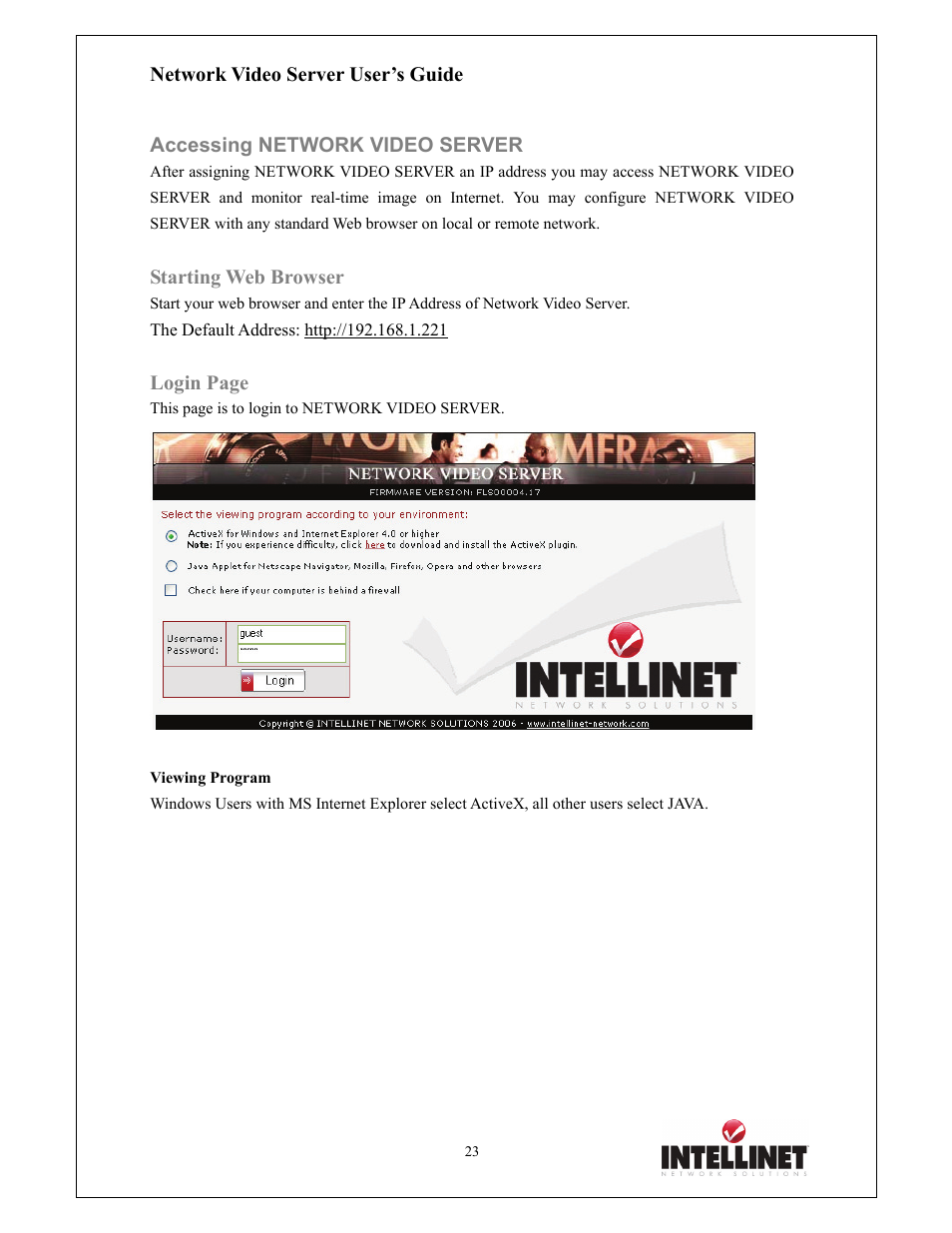 Network video server user’s guide, Accessing network video server, Starting web browser | Login page | Intellinet Network Solutions 550000 User Manual | Page 23 / 78