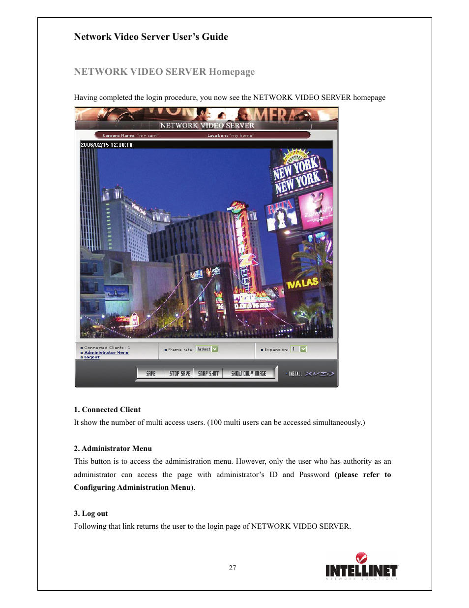 Network video server user’s guide, Network video server homepage | Intellinet Network Solutions 550000 User Manual | Page 27 / 78