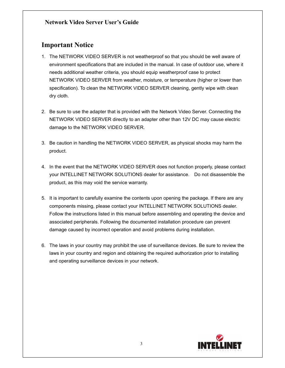 Important notice, Network video server user’s guide | Intellinet Network Solutions 550000 User Manual | Page 3 / 78