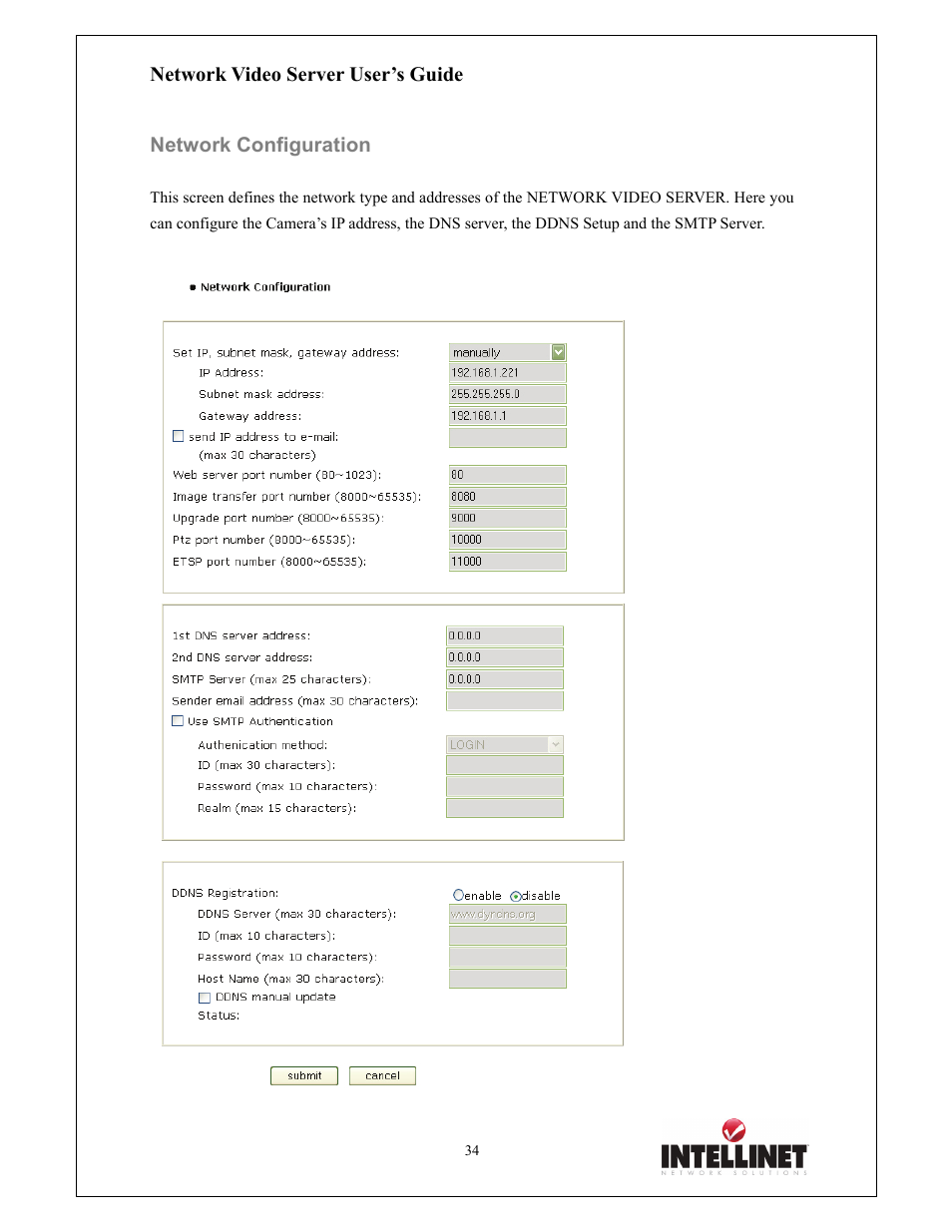 Network video server user’s guide, Network configuration | Intellinet Network Solutions 550000 User Manual | Page 34 / 78