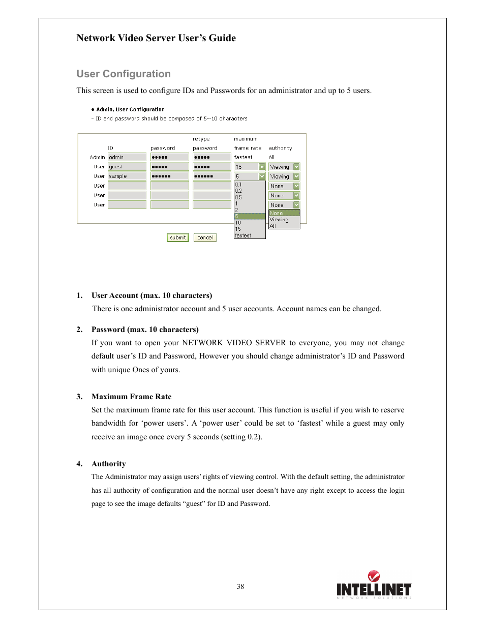 Network video server user’s guide, User configuration | Intellinet Network Solutions 550000 User Manual | Page 38 / 78