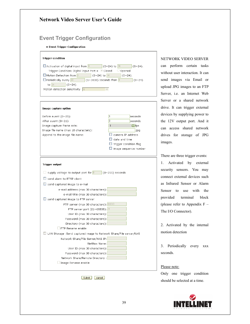 Network video server user’s guide, Event trigger configuration | Intellinet Network Solutions 550000 User Manual | Page 39 / 78