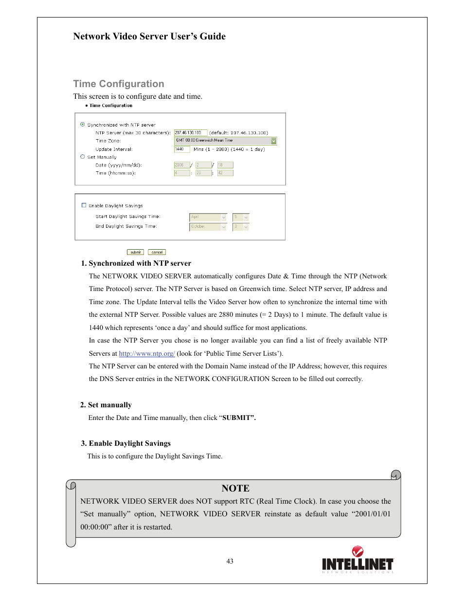 Network video server user’s guide, Time configuration | Intellinet Network Solutions 550000 User Manual | Page 43 / 78