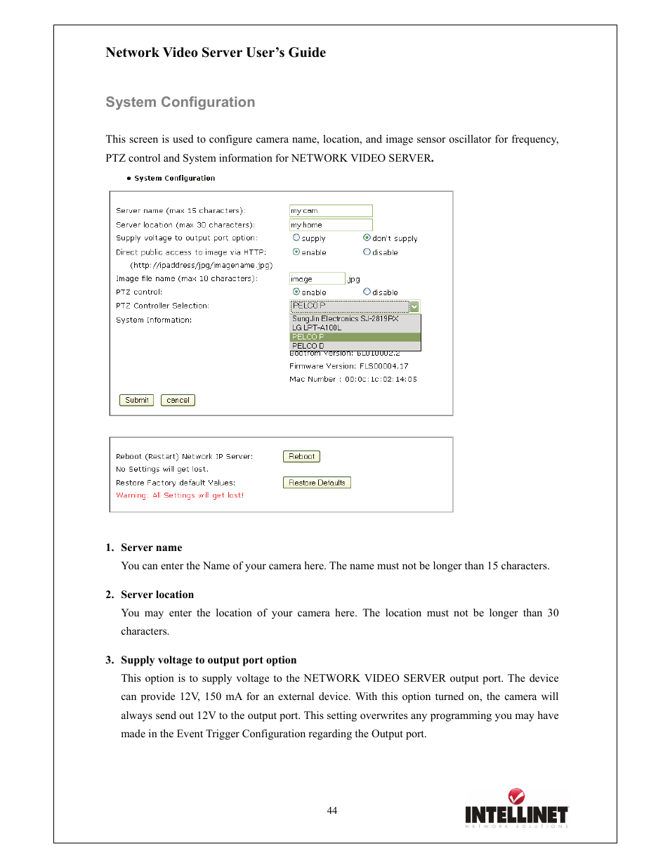 Network video server user’s guide, System configuration | Intellinet Network Solutions 550000 User Manual | Page 44 / 78