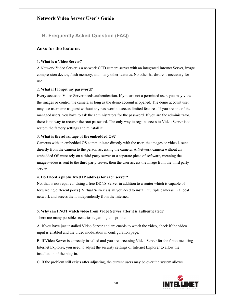 Network video server user’s guide, B. frequently asked question (faq) | Intellinet Network Solutions 550000 User Manual | Page 50 / 78