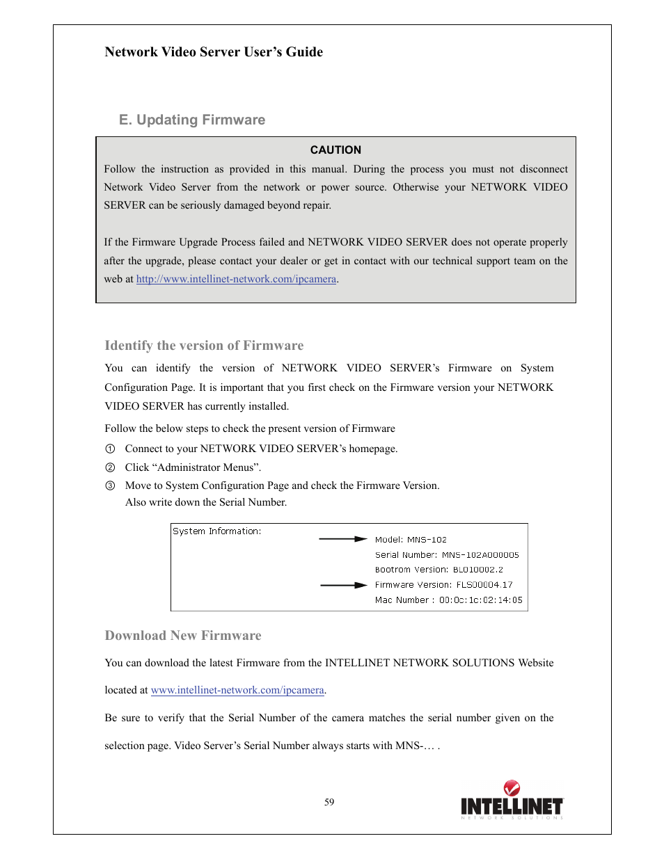 Network video server user’s guide, E. updating firmware, Identify the version of firmware | Download new firmware | Intellinet Network Solutions 550000 User Manual | Page 59 / 78