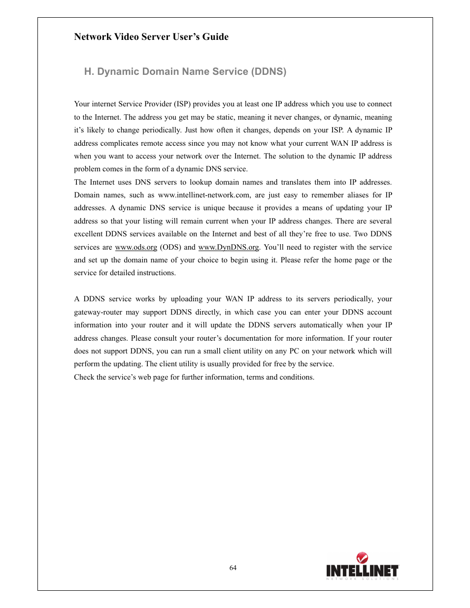 Network video server user’s guide, H. dynamic domain name service (ddns) | Intellinet Network Solutions 550000 User Manual | Page 64 / 78