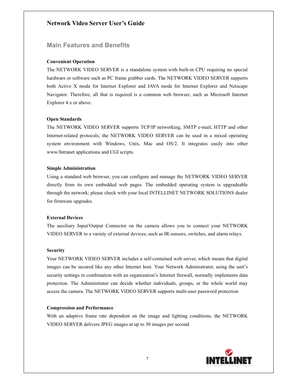 Network video server user’s guide, Main features and benefits | Intellinet Network Solutions 550000 User Manual | Page 7 / 78