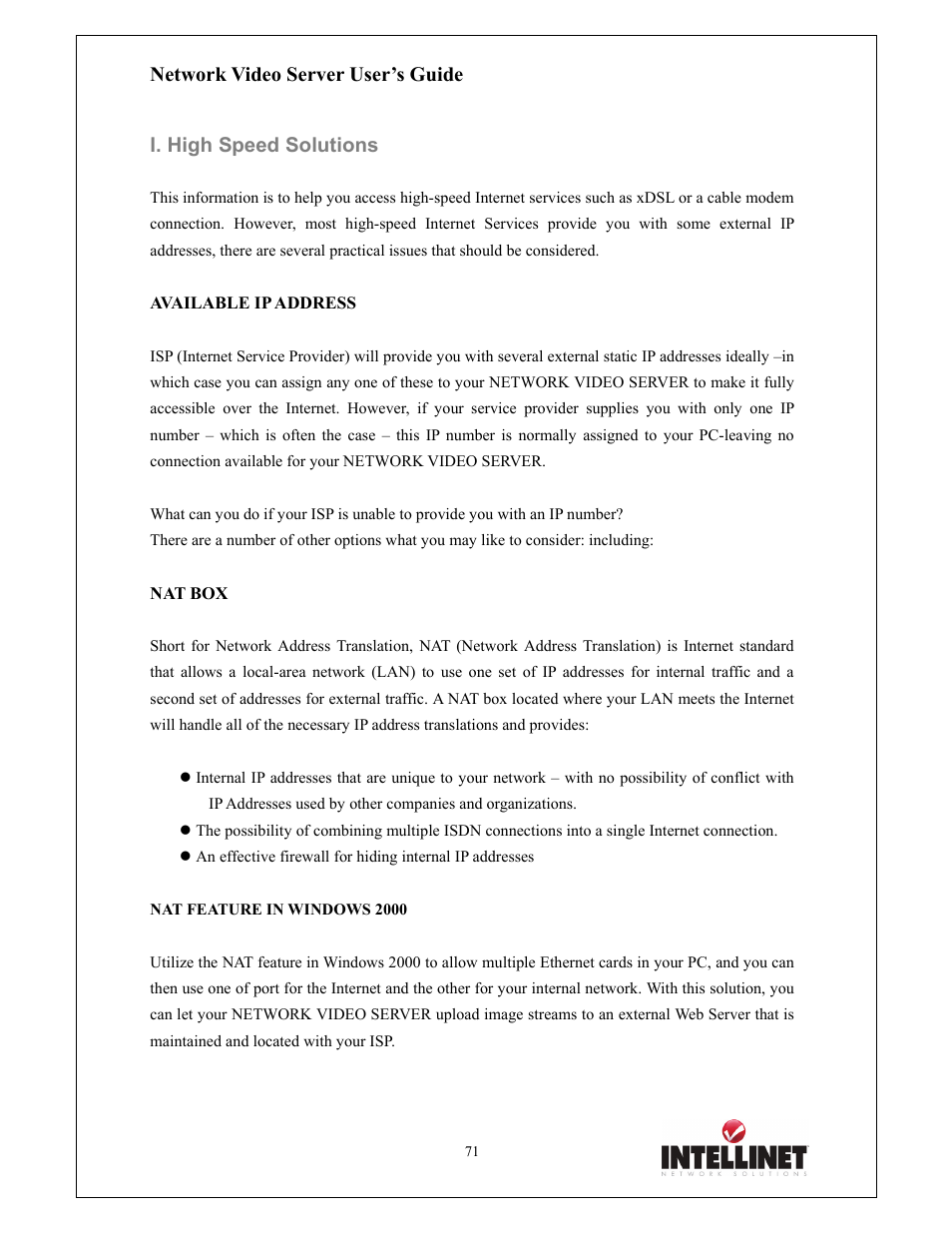 Network video server user’s guide, I. high speed solutions | Intellinet Network Solutions 550000 User Manual | Page 71 / 78