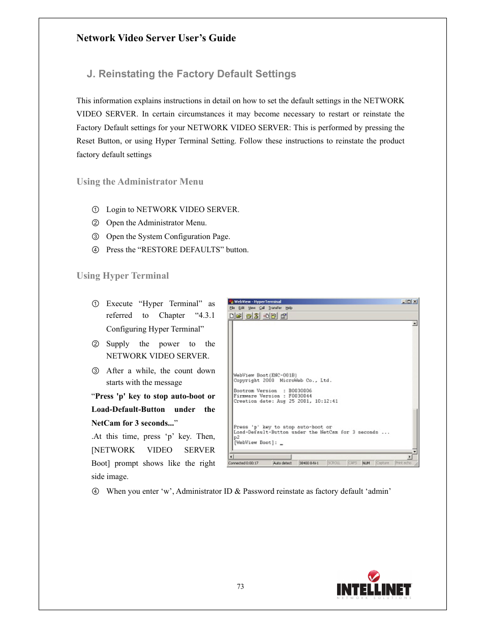 Network video server user’s guide, J. reinstating the factory default settings | Intellinet Network Solutions 550000 User Manual | Page 73 / 78