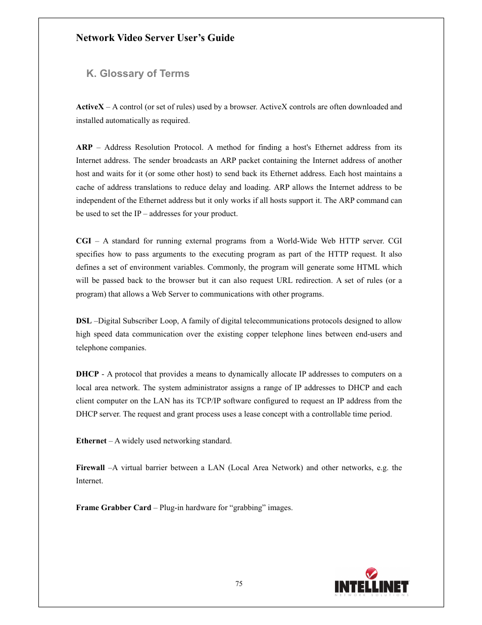 Network video server user’s guide, K. glossary of terms | Intellinet Network Solutions 550000 User Manual | Page 75 / 78