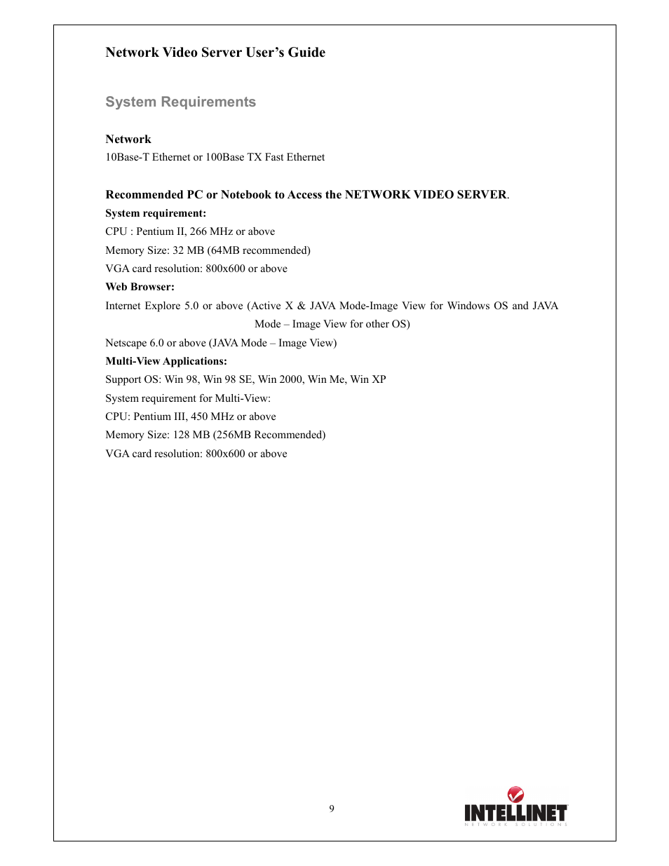 Network video server user’s guide, System requirements | Intellinet Network Solutions 550000 User Manual | Page 9 / 78