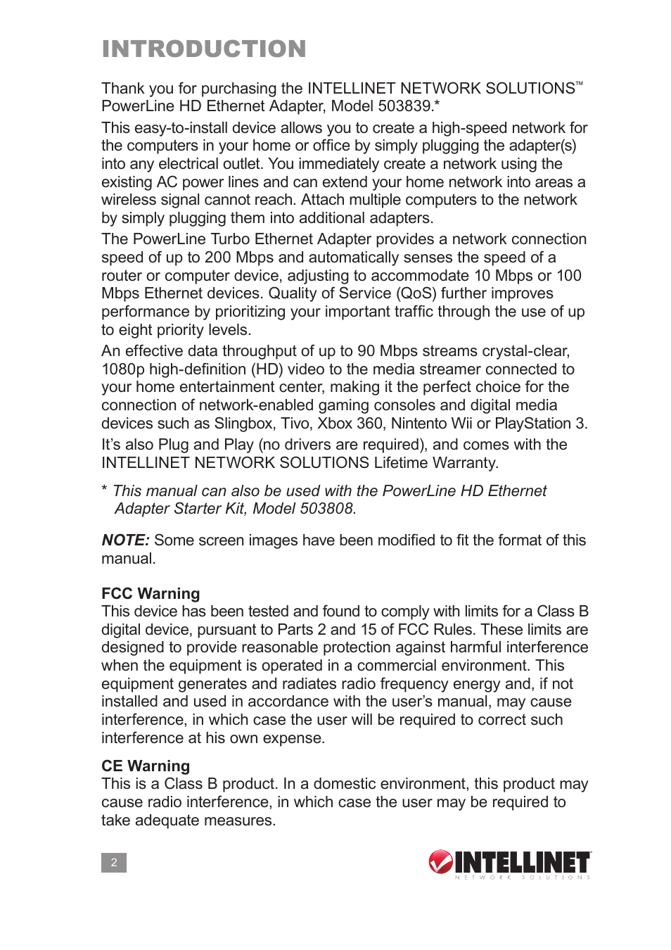 Introduction | Intellinet Network Solutions PowerLine HD Ethernet Adapter 503839 User Manual | Page 2 / 12