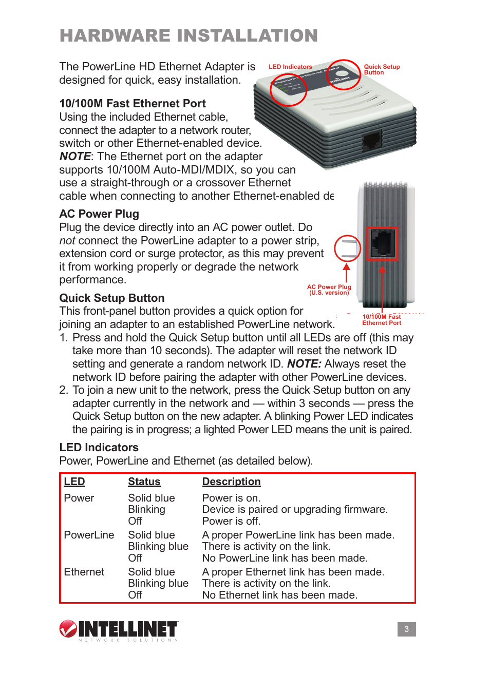 Hardware installation | Intellinet Network Solutions PowerLine HD Ethernet Adapter 503839 User Manual | Page 3 / 12