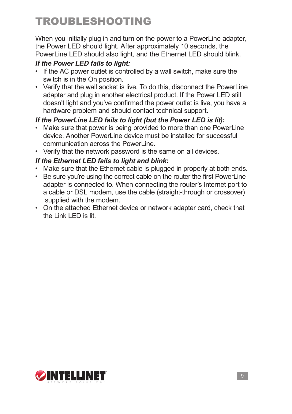 Troubleshooting | Intellinet Network Solutions PowerLine HD Ethernet Adapter 503839 User Manual | Page 9 / 12