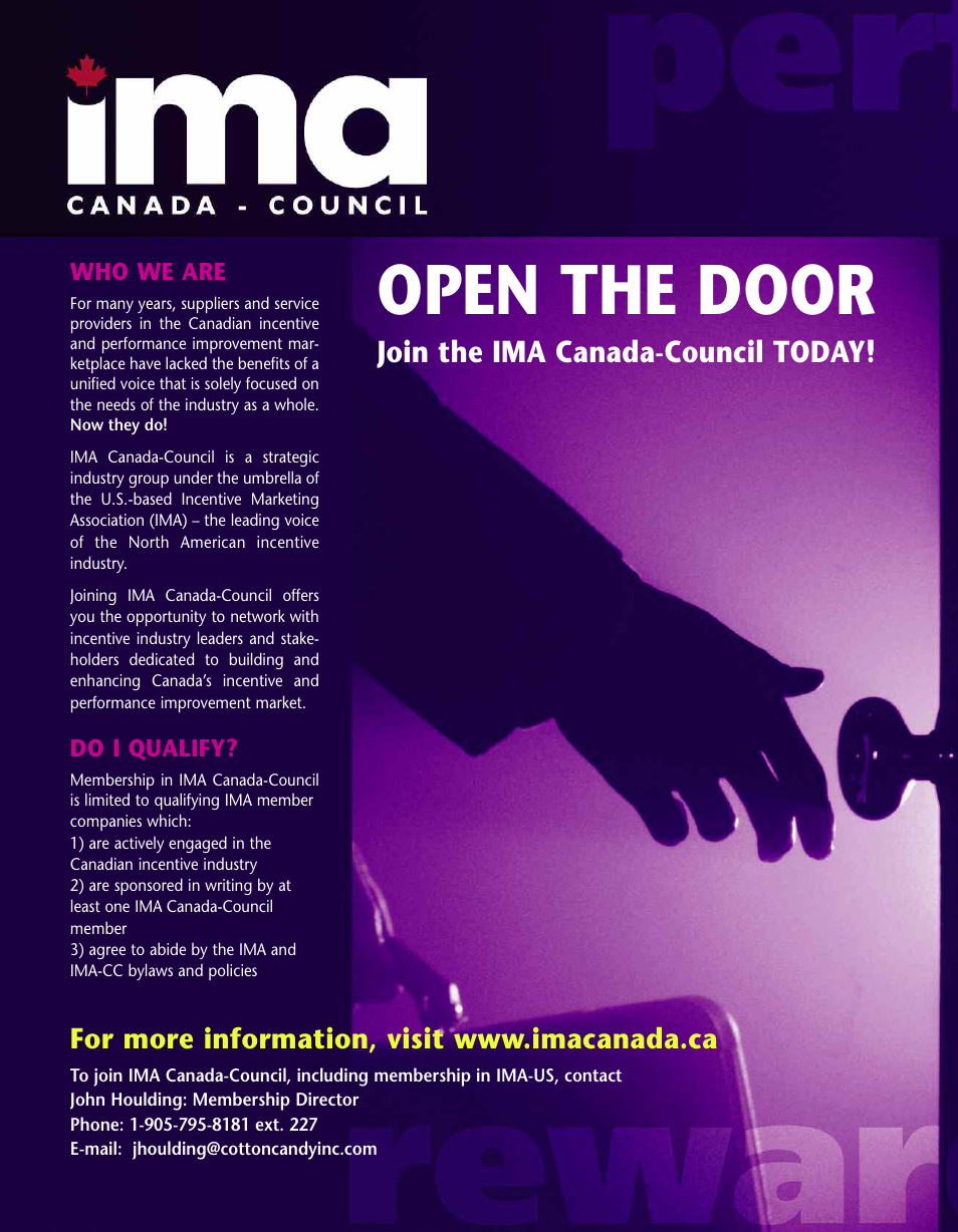 Open the door, Join the ima canada-council today | Incentive Publications PM40801507 User Manual | Page 20 / 48