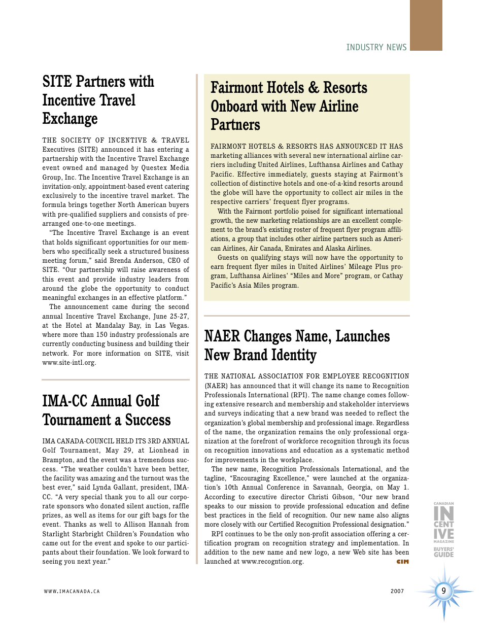 Ima-cc annual golf tournament a success, Site partners with incentive travel exchange, Naer changes name, launches new brand identity | Incentive Publications PM40801507 User Manual | Page 9 / 48