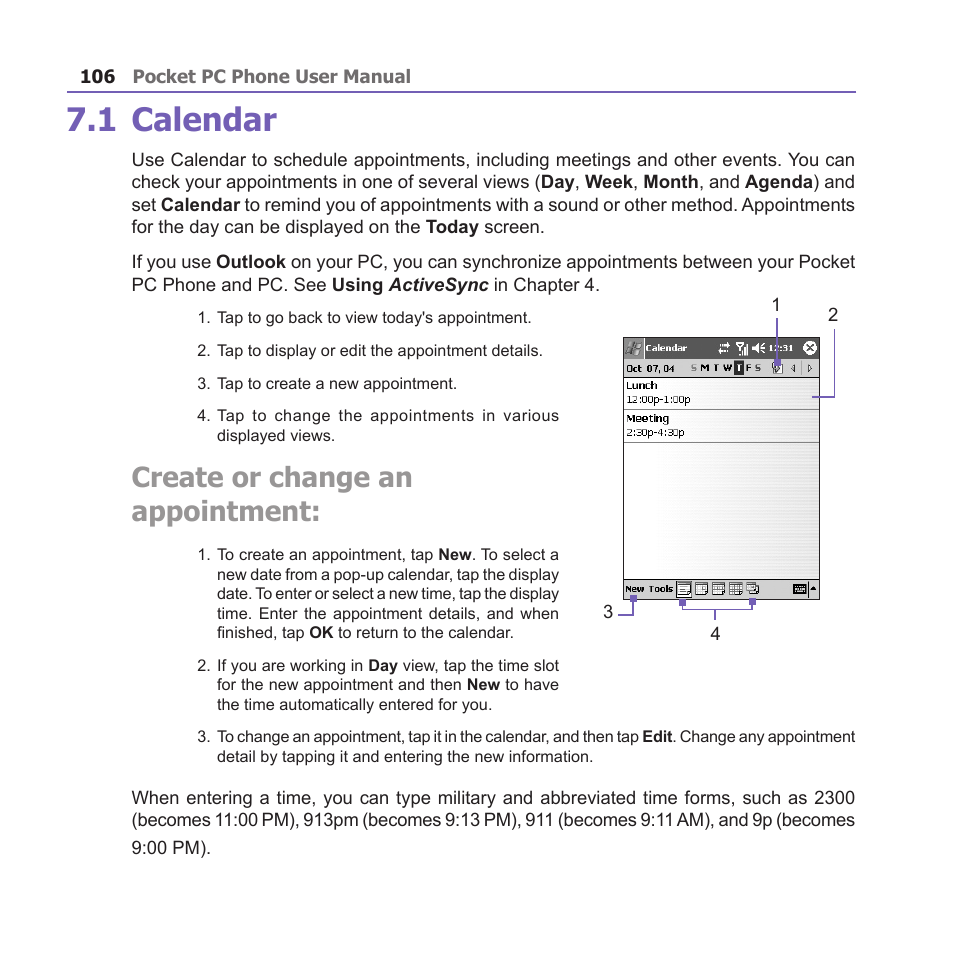 1 calendar, Create or change an appointment | i-mate PM10A User Manual | Page 106 / 200