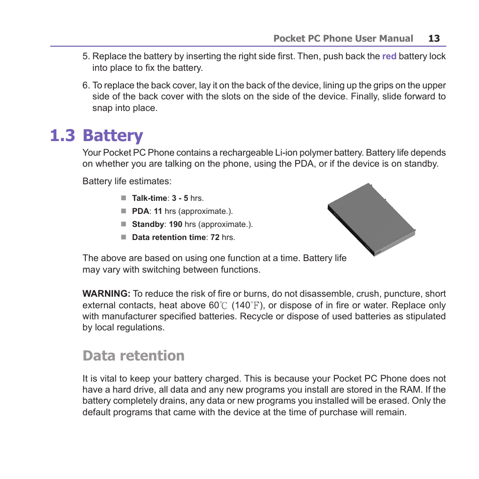 3 battery, Data retention | i-mate PM10A User Manual | Page 13 / 200