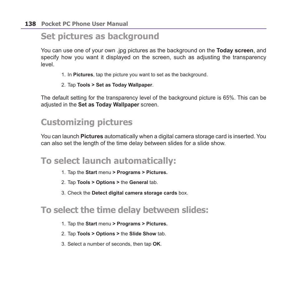 Set pictures as background, Customizing pictures | i-mate PM10A User Manual | Page 138 / 200