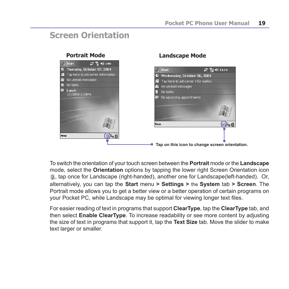Screen orientation | i-mate PM10A User Manual | Page 19 / 200