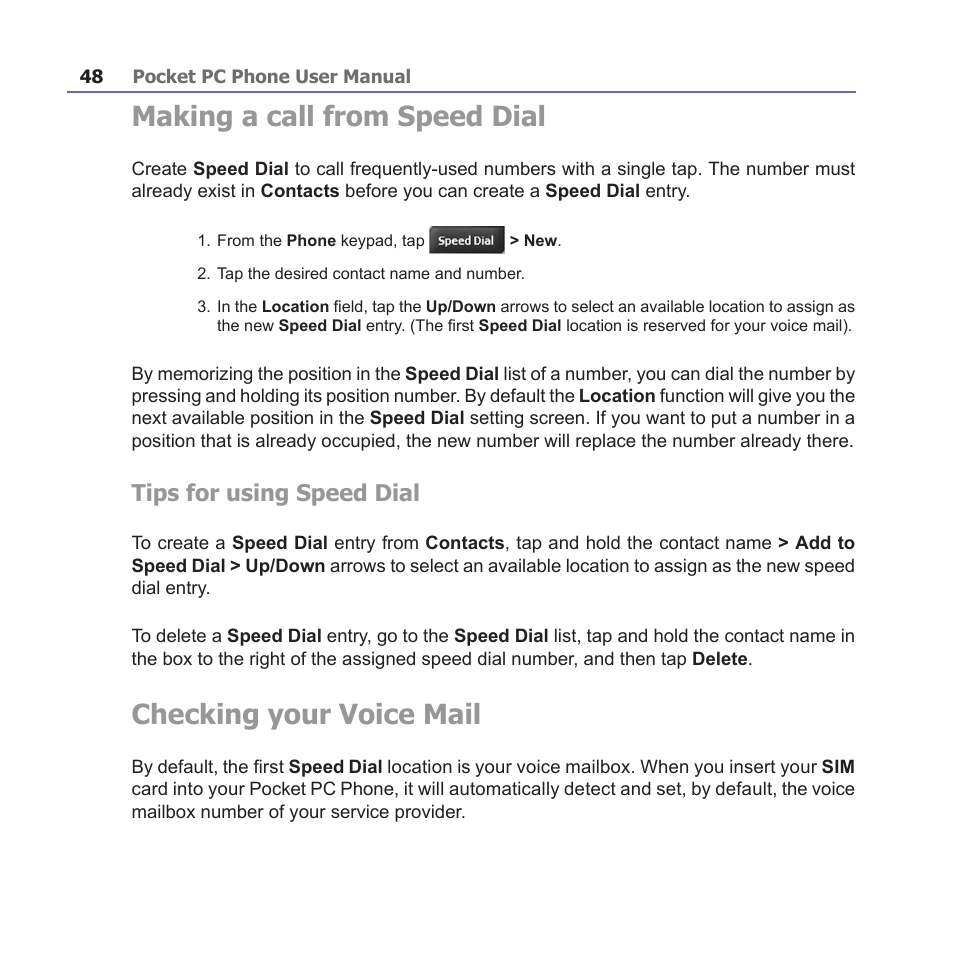 Making a call from speed dial, Checking your voice mail, Tips for using speed dial | i-mate PM10A User Manual | Page 48 / 200