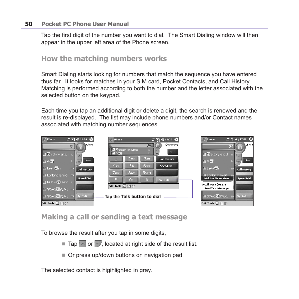 How the matching numbers works, Making a call or sending a text message | i-mate PM10A User Manual | Page 50 / 200
