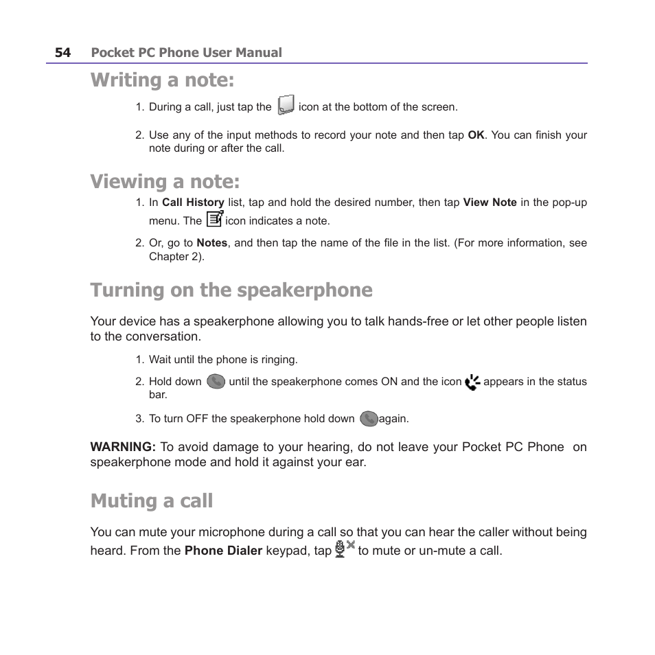Turning on the speakerphone, Muting a call | i-mate PM10A User Manual | Page 54 / 200