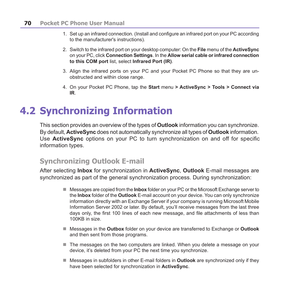 2 synchronizing information, Synchronizing outlook e-mail | i-mate PM10A User Manual | Page 70 / 200