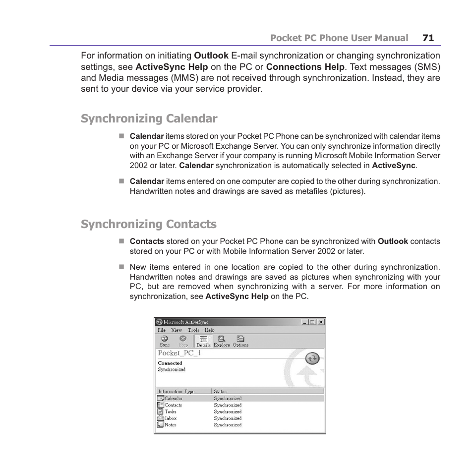 Synchronizing calendar, Synchronizing contacts | i-mate PM10A User Manual | Page 71 / 200
