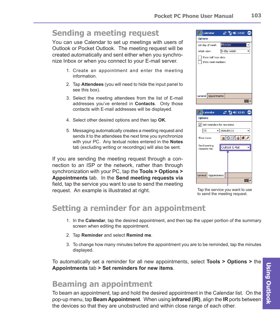 Sending a meeting request, Setting a reminder for an appointment, Beaming an appointment | i-mate PDA2 User Manual | Page 103 / 177