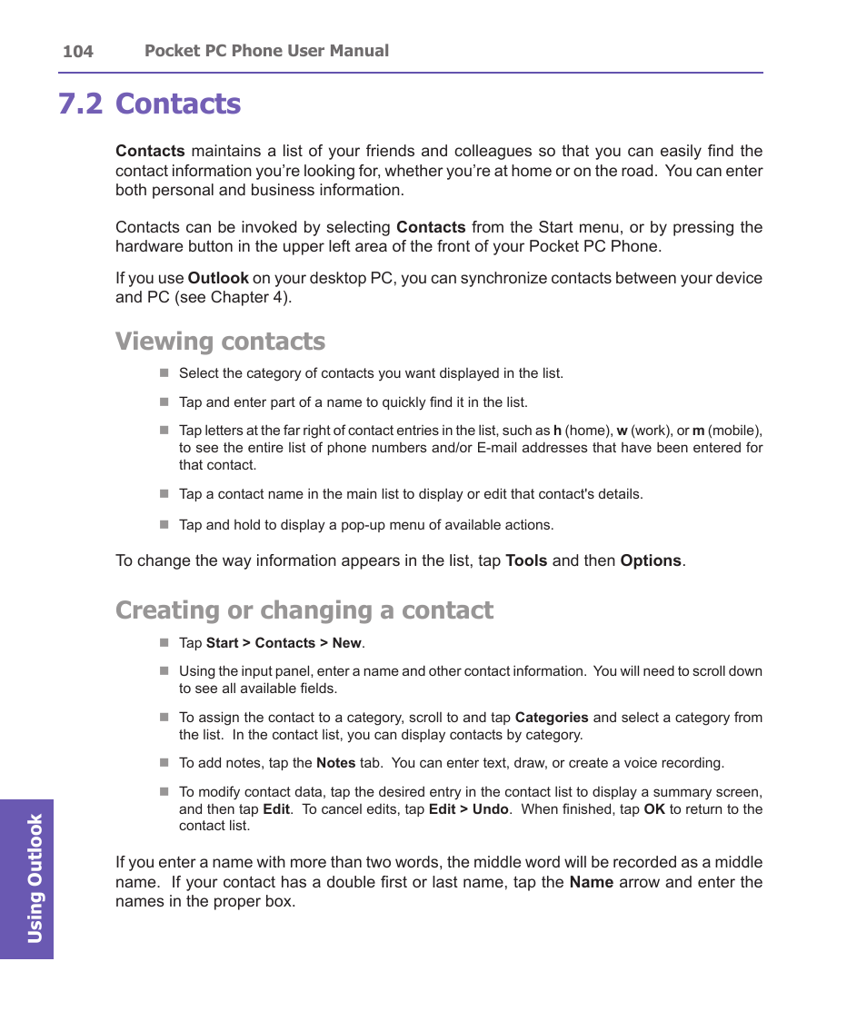 2 contacts, Viewing contacts, Creating or changing a contact | Using outlook | i-mate PDA2 User Manual | Page 104 / 177