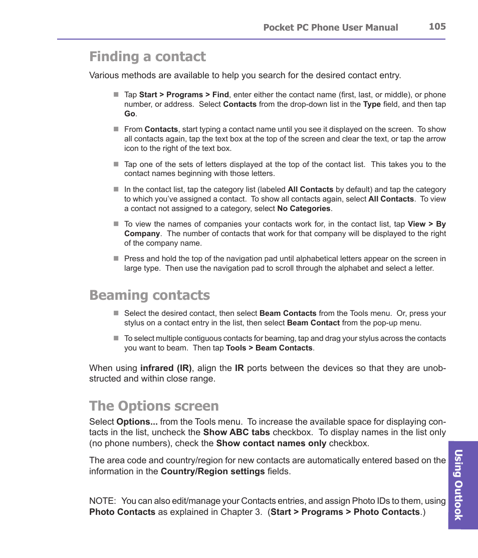Finding a contact, Beaming contacts, The options screen | Using outlook | i-mate PDA2 User Manual | Page 105 / 177