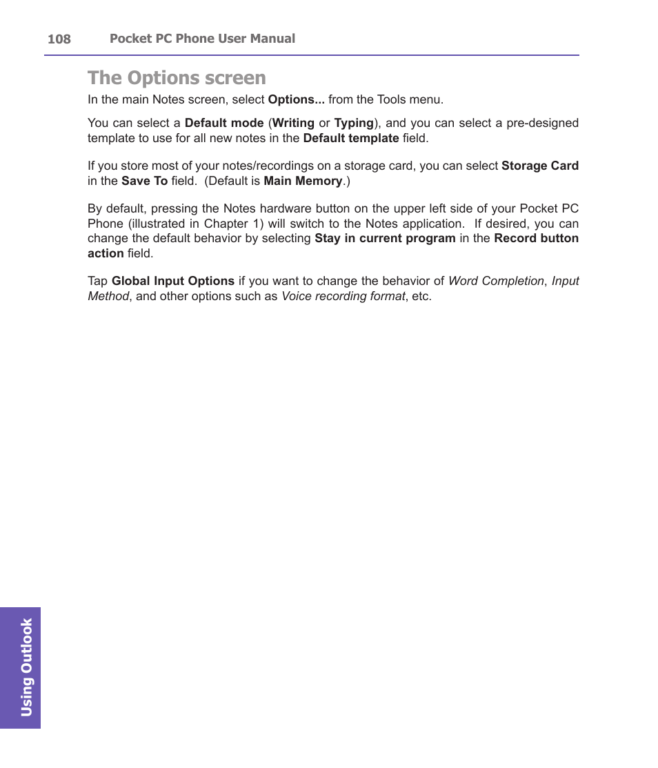 The options screen | i-mate PDA2 User Manual | Page 108 / 177